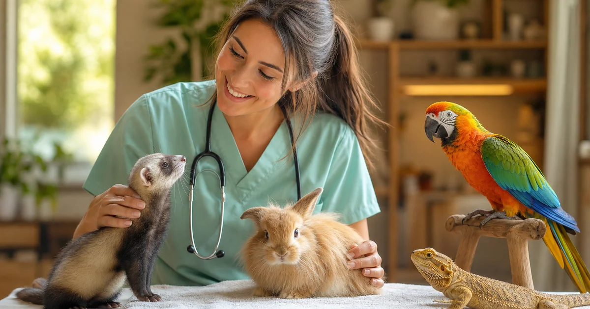 獸醫師在明亮的動物醫院中照護雪貂、兔子、鸚鵡與蜥蜴等特殊寵物的插畫
