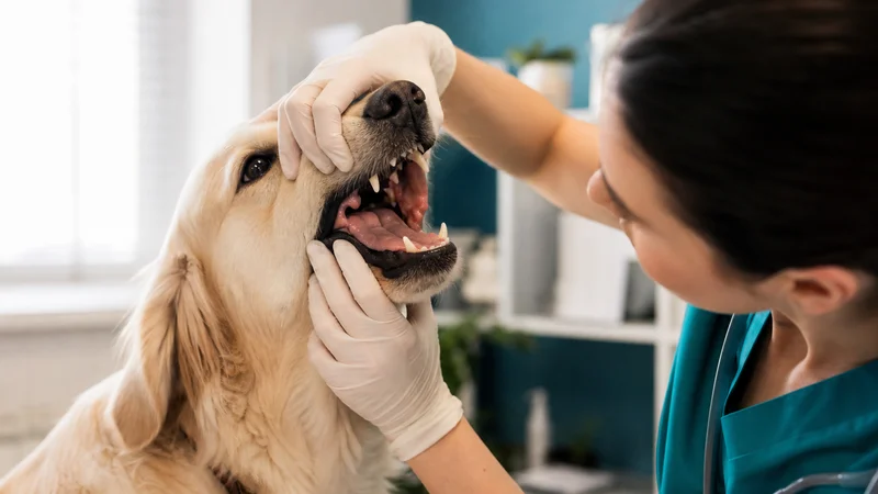 獸醫檢查狗狗口腔與頭頸部腫瘤示意圖,標示口腔、鼻腔、下顎位置