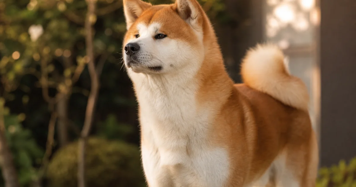 Akita Inu dog standing alert outdoors in natural sunlight
