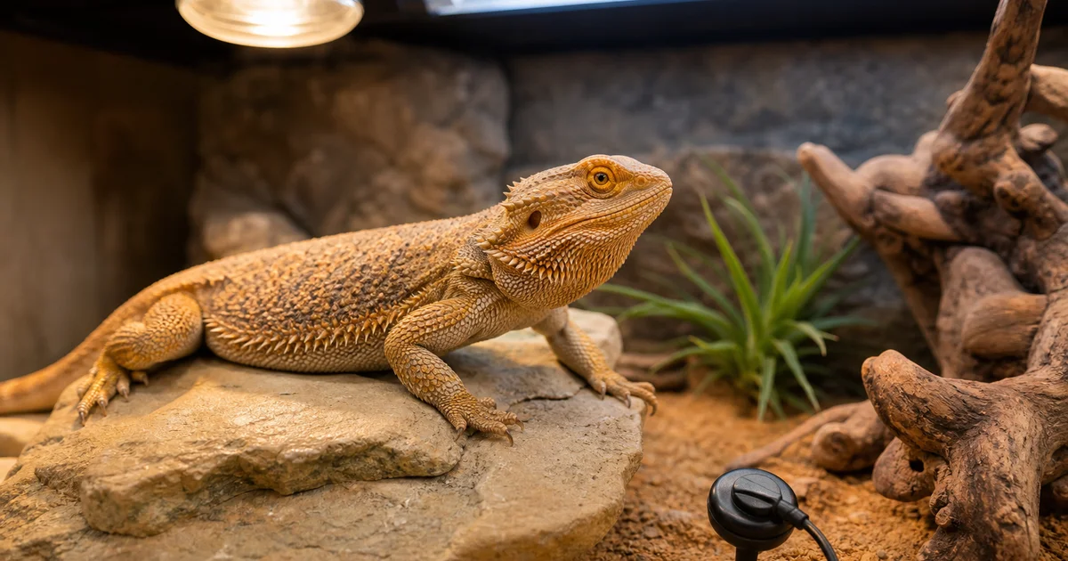 鬆獅蜥在配備UVB燈與曬背區的飼養箱內,展示正確的冷熱分區設置