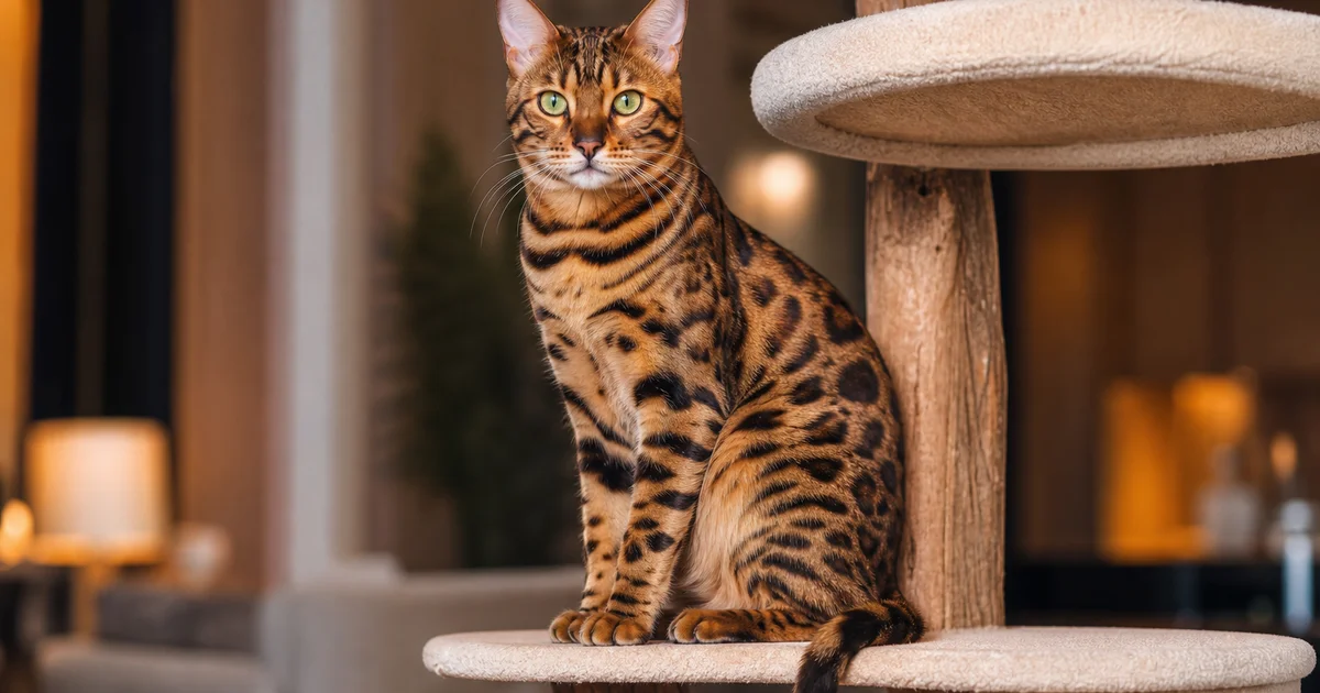Bengal cat with leopard spots sitting confidently