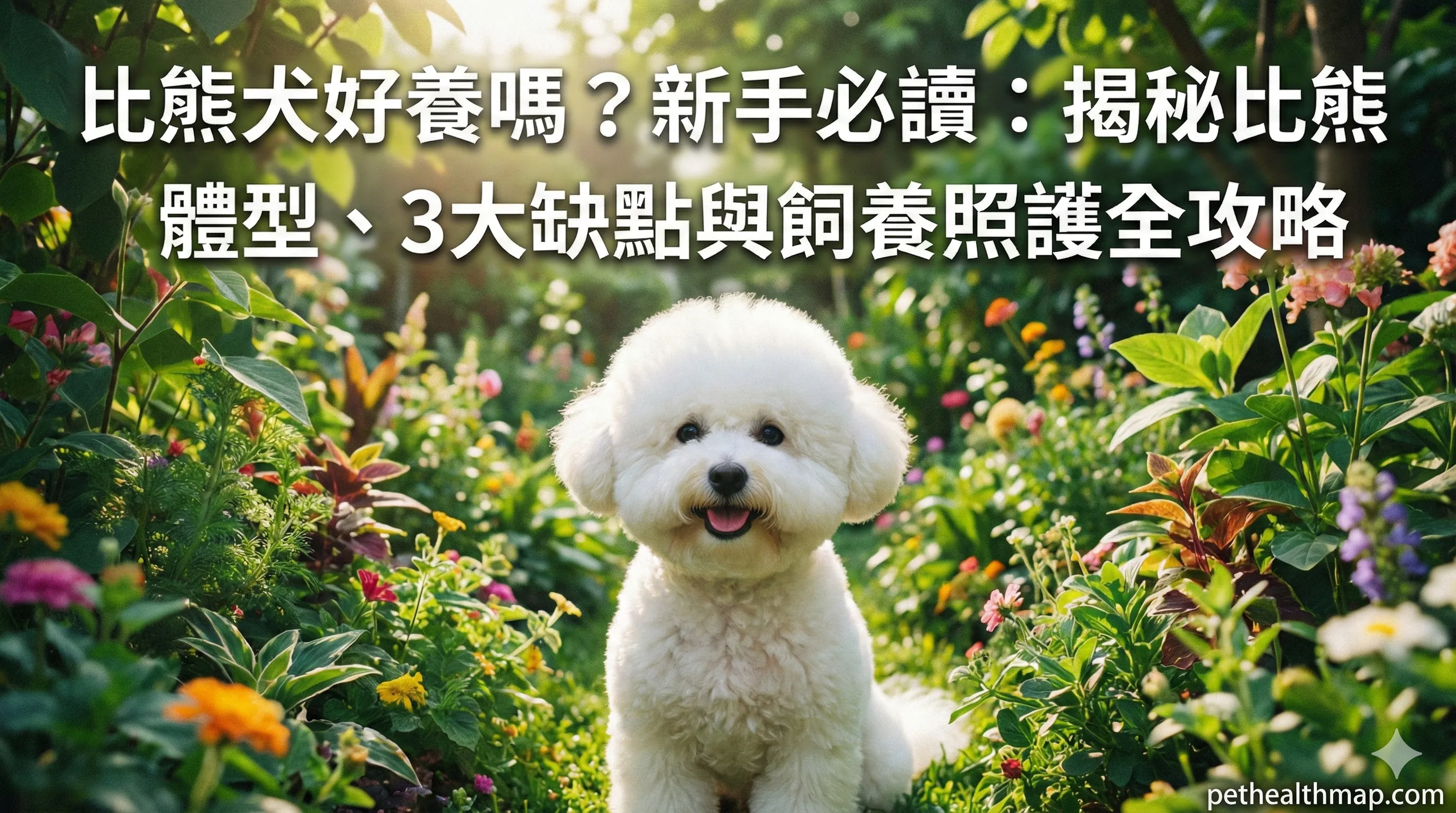 一隻修剪成圓形頭造型的白色比熊犬,在陽光下開心地笑著