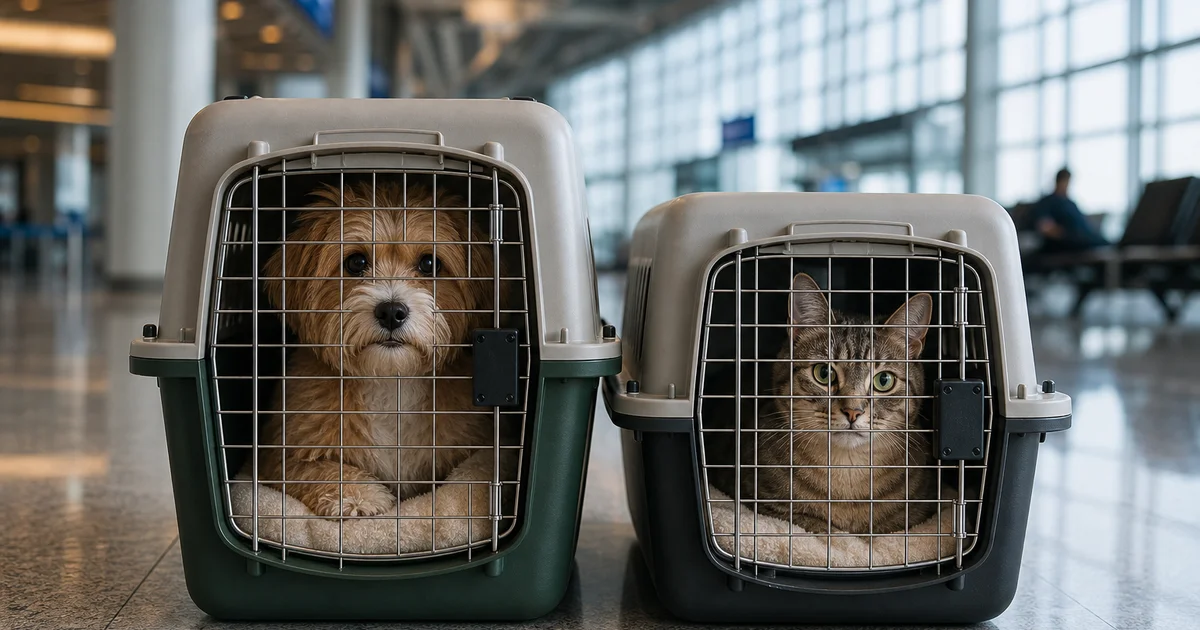 A dog and cat in travel carriers at an airport for relocation to Singapore