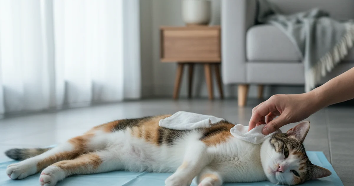 貓咪中暑怎麼辦:飼主用濕毛巾幫貓咪緊急降溫