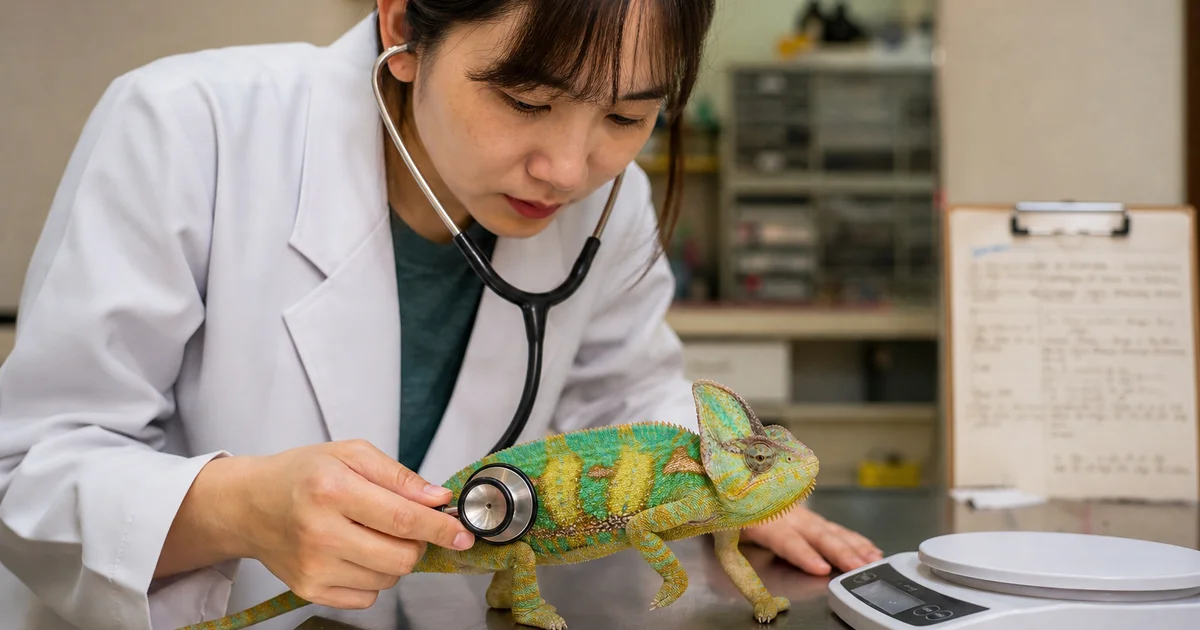 變色龍看病費用指南封面:爬蟲獸醫替變色龍進行初診檢查