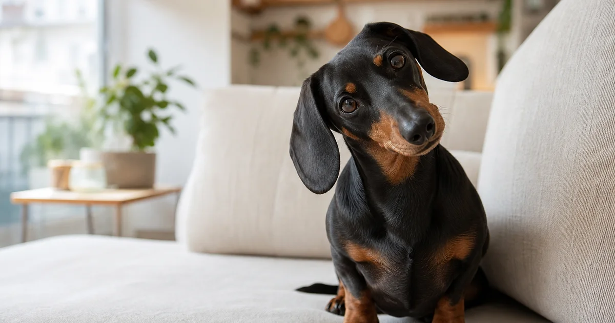 臘腸犬坐在沙發上,表情親人溫馨