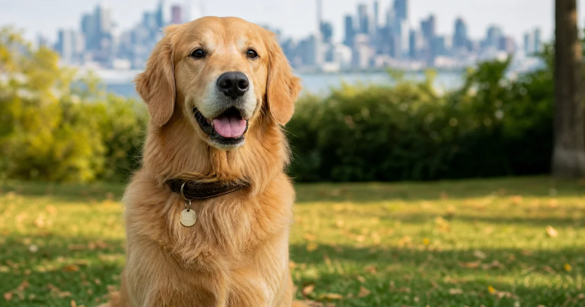 A dog wearing a municipal licence tag in a Canadian city