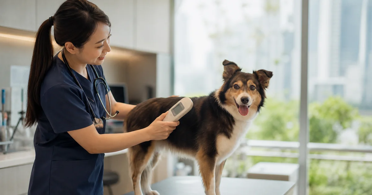 A vet scanning a dog's microchip at a Singapore clinic