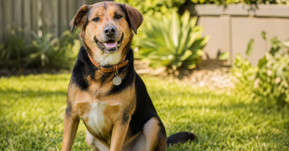 A dog wearing a council registration tag in an Australian backyard