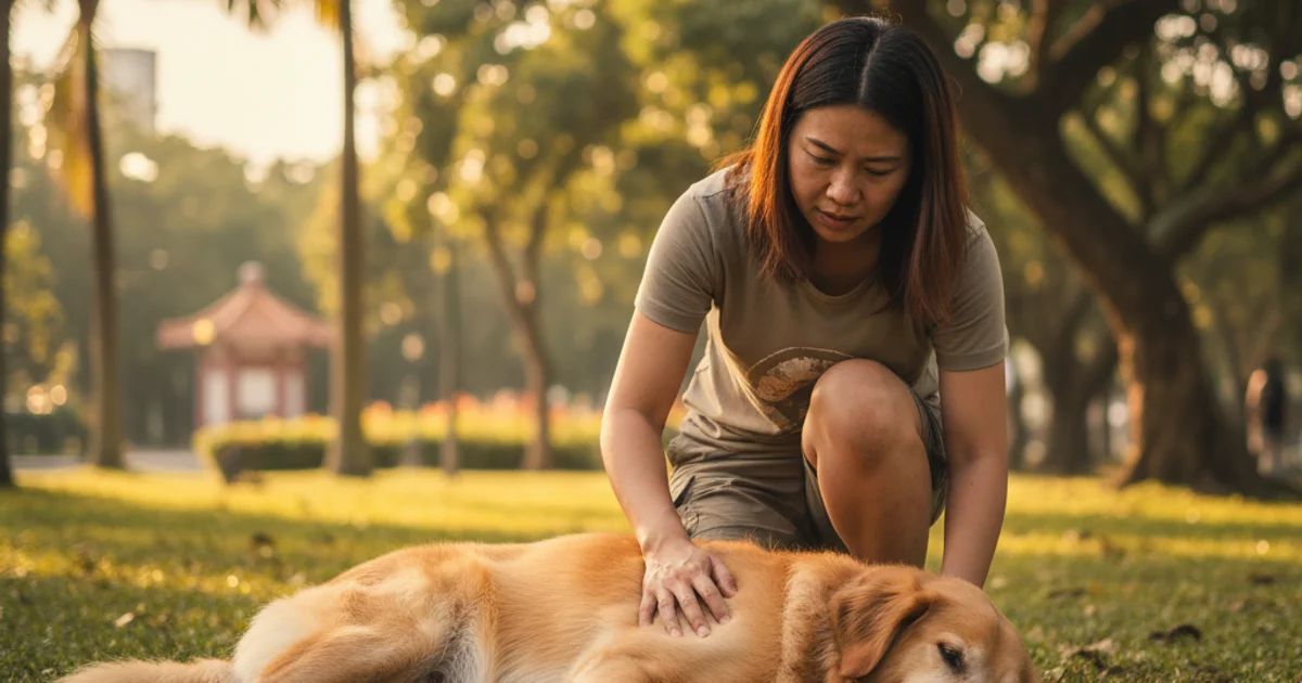 飼主在戶外為倒地狗狗做急救檢查