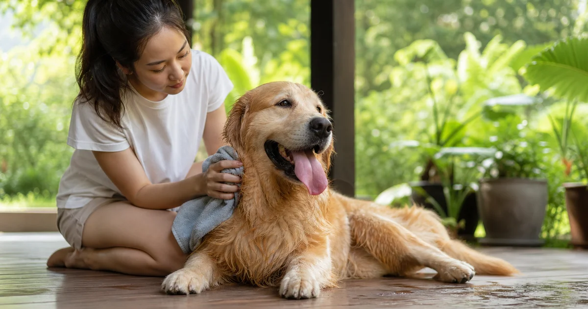 狗狗中暑時飼主用濕毛巾為狗狗降溫的急救示範