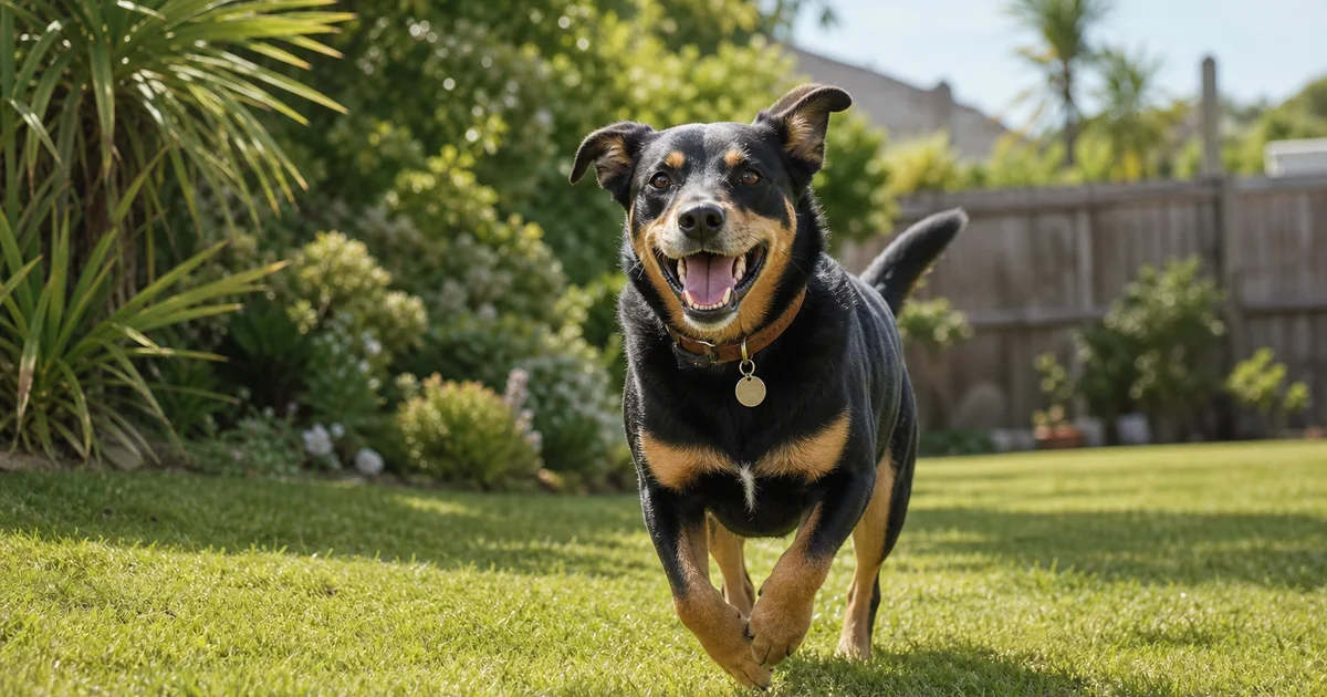 A dog wearing a council registration tag in a New Zealand backyard