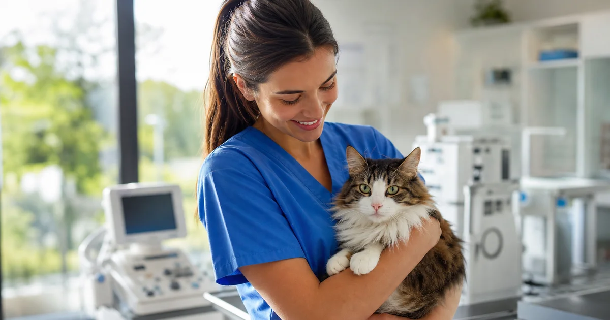 A veterinary nurse holding a cat at an Australian clinic