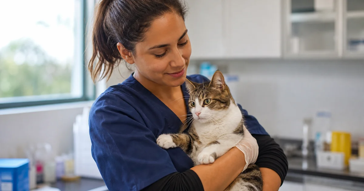 A veterinary nurse holding a cat at a New Zealand clinic