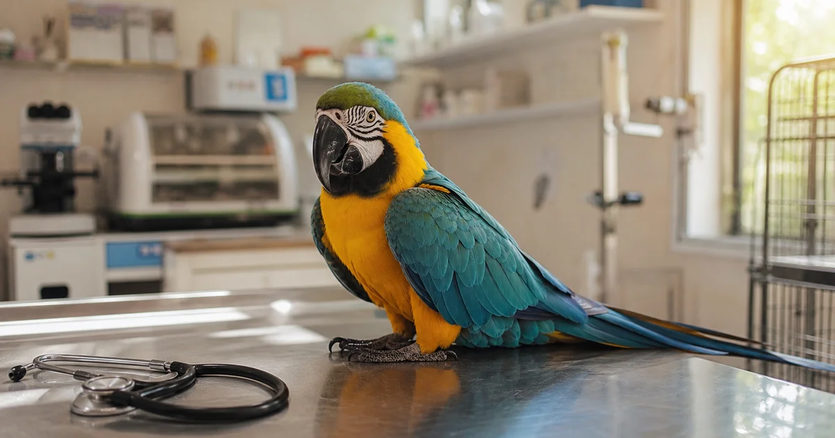 鸚鵡在台灣鳥科動物醫院診療台上接受健康檢查