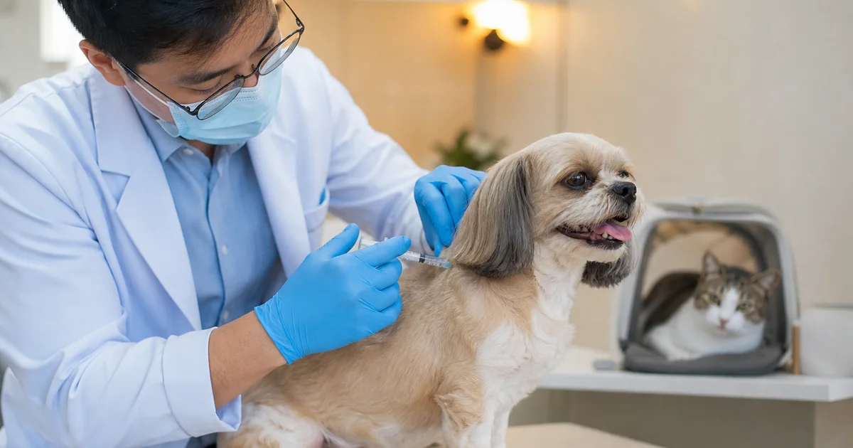 獸醫師在台灣動物診所為小型犬植入寵物晶片,犬隻神情平靜,診所環境整潔專業