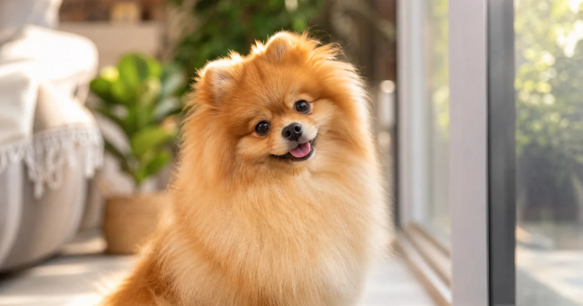 博美犬坐在窗邊曬太陽,展示蓬鬆被毛與警覺表情