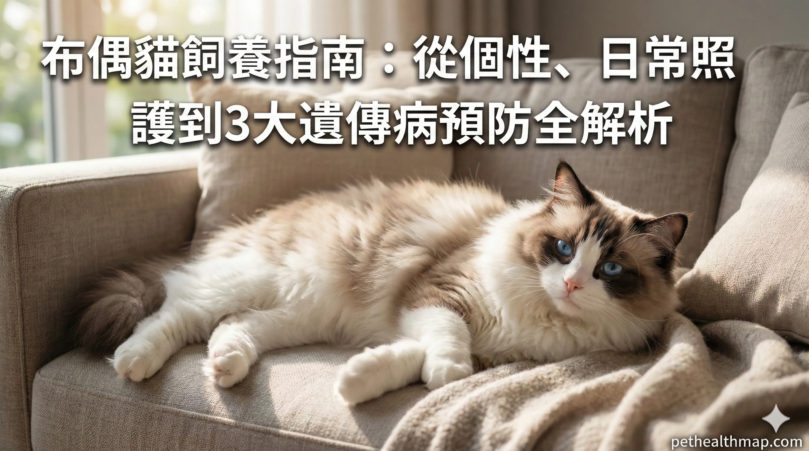 一隻擁有湛藍眼睛和蓬鬆毛髮的雙色布偶貓躺在舒適的沙發上,展現放鬆姿態
