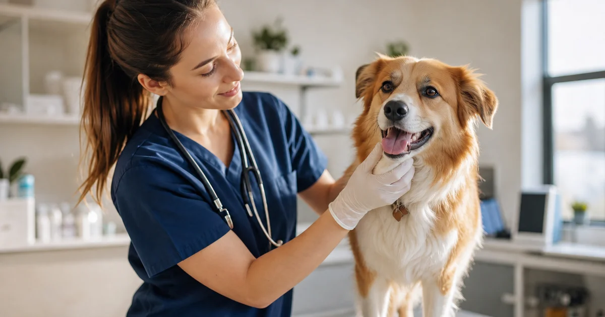 A veterinarian examining a dog at a modern Australian veterinary clinic