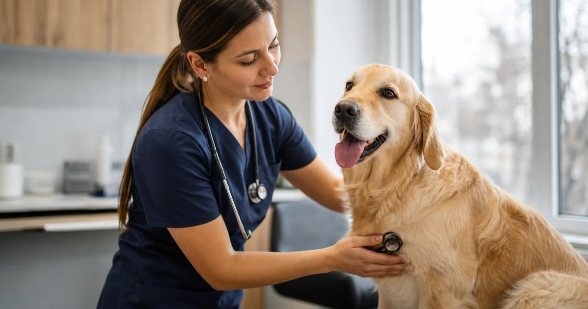 A veterinarian examining a dog at a Canadian veterinary clinic