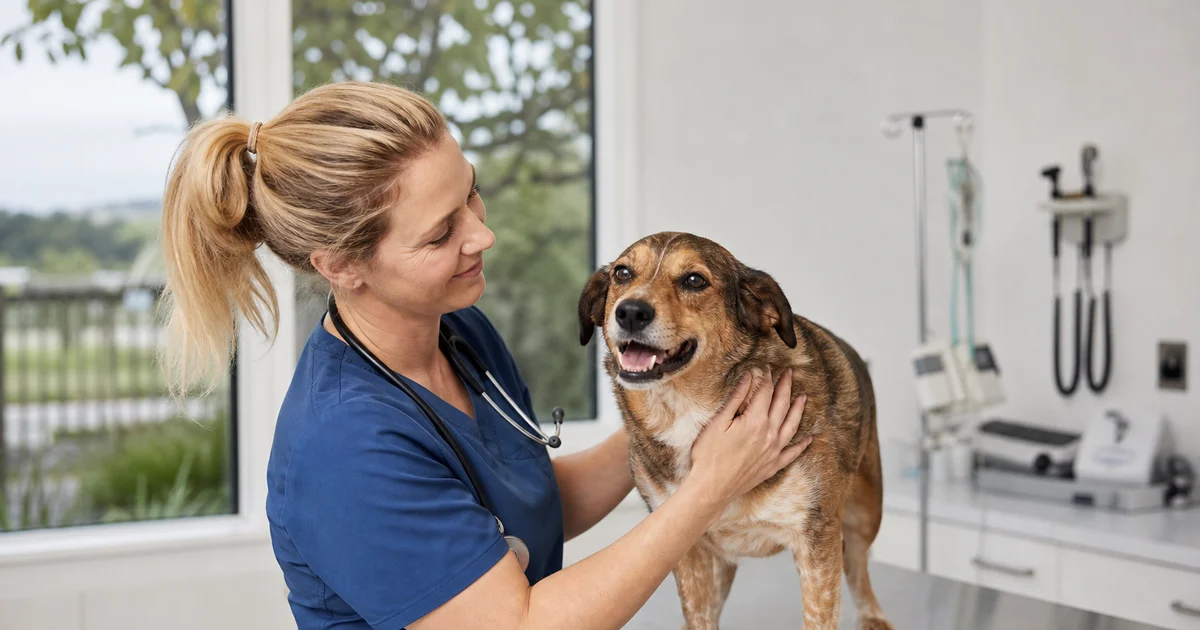 A veterinarian examining a dog at a New Zealand veterinary clinic