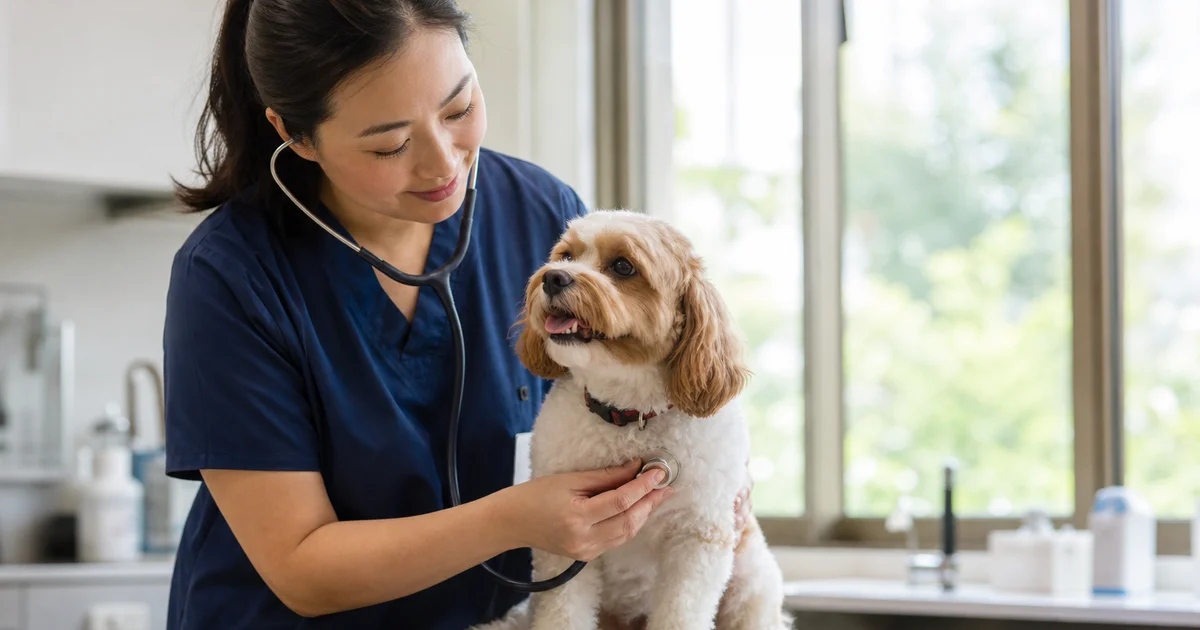 A veterinarian examining a small dog at a modern Singapore veterinary clinic