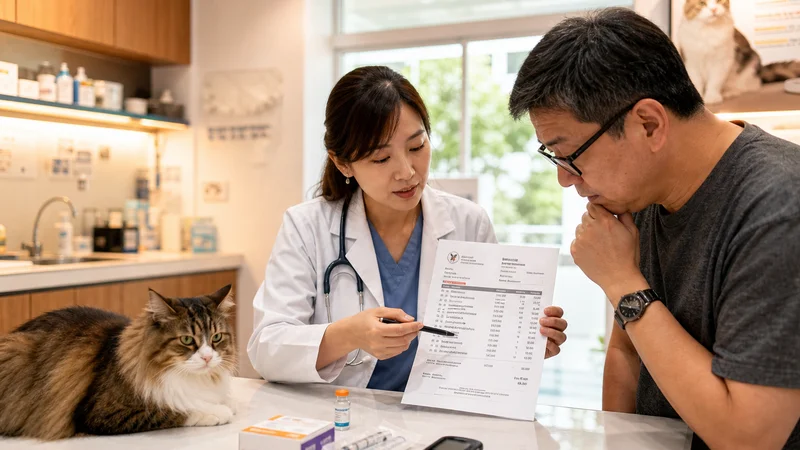 獸醫向飼主說明貓咪糖尿病住院費用與血糖監測估價