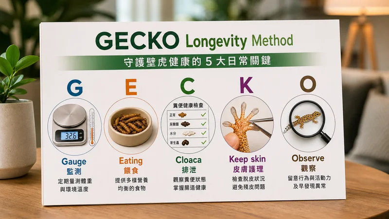 GECKO五步延壽法資訊圖:量測、飲食、排便、脫皮、觀察五步驟守宮照護框架