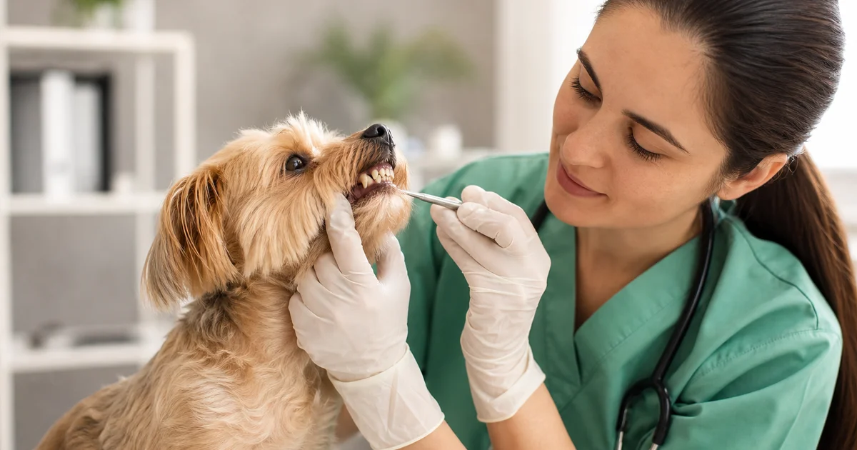 獸醫在明亮診所為小型犬做牙科檢查,一旁以圖示呈現洗牙費用估價的插畫